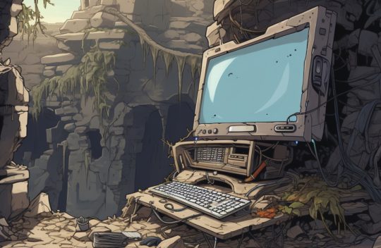 Illustration of a computer in a stone age setting