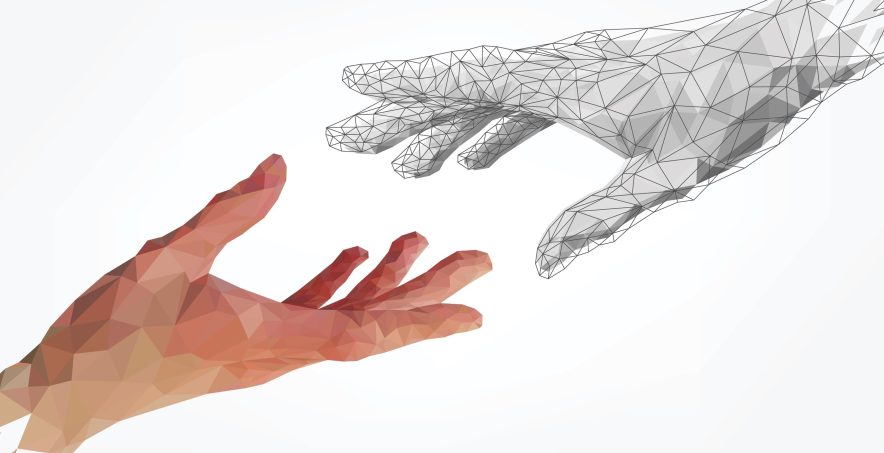 Illustration of a human hand reaching out to a digitally generated hand
