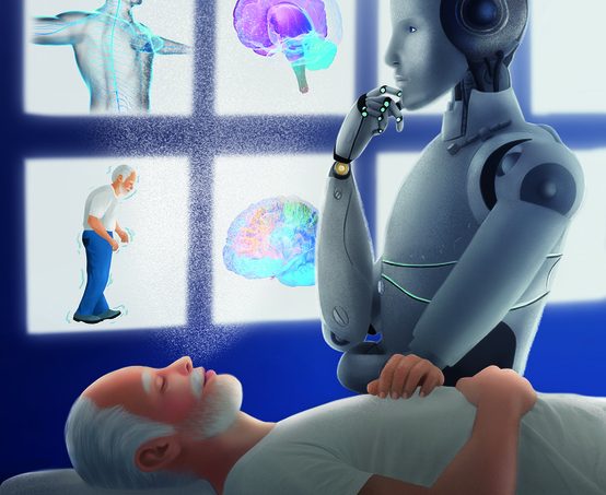 A man lying down with an android standing next to him in a thinking pose with various anatomical diagrams in the background.