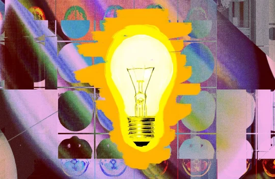 Illustration of a light bulb glowing in the foreground with various geometric shapes/silhouettes in the background.