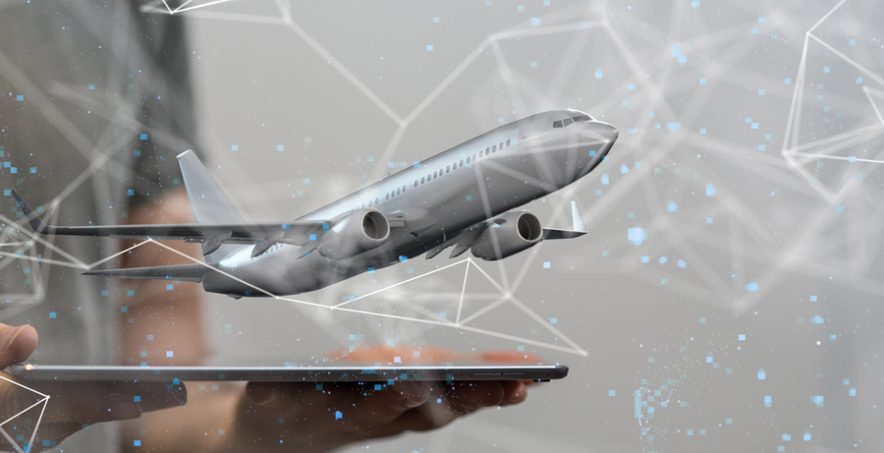 Plane taking off from a handheld tablet surrounded by white geometric lines and floating blue pixels.