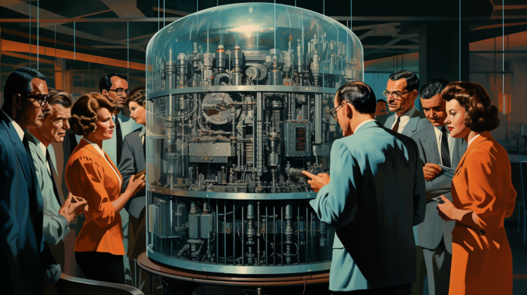 AI-generated vintage illustration showing a team of male and female scientists surrounding a complex metal machine covered in glass