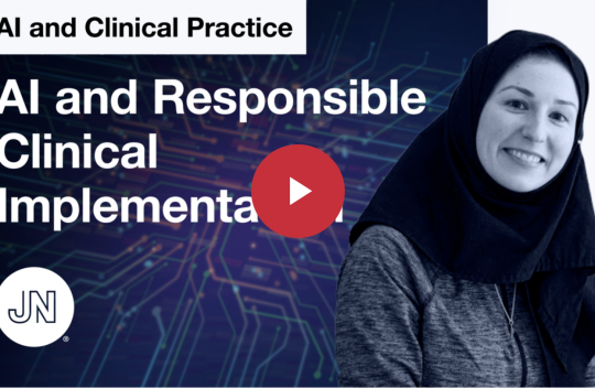 Screenshot of a video with a title that reads "AI and Responsible Clinical Implementation"
