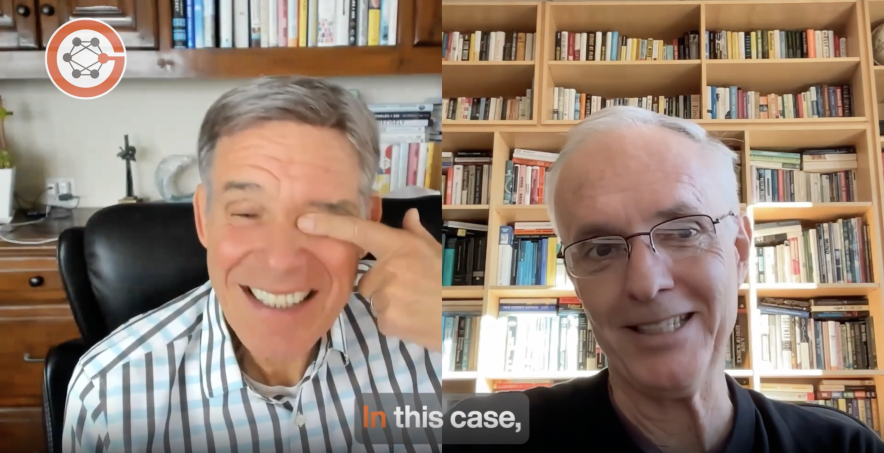 Screenshot of Zoom interview between Eric Topol (left) and Jim Collins (right)