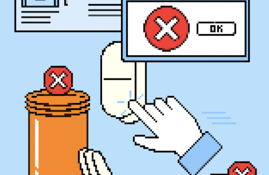 Illustration in a 64-bit style depicting a prescription pill bottle, a pill, and a mouse pointer with various circles with Xs.